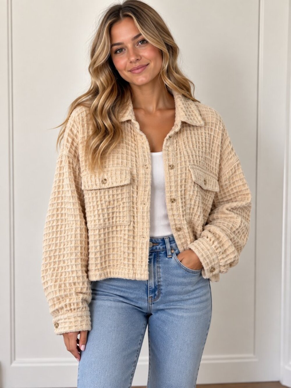 BDG Cream Waffle-Texture Utility Jacket